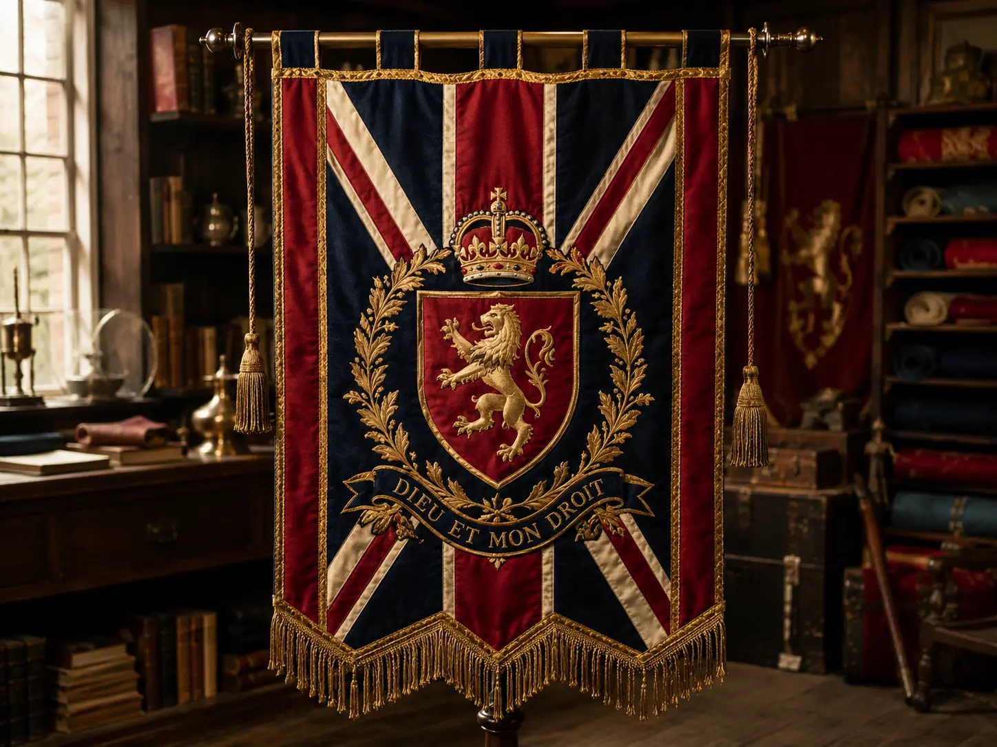 Illustrative heraldic banner displayed indoors