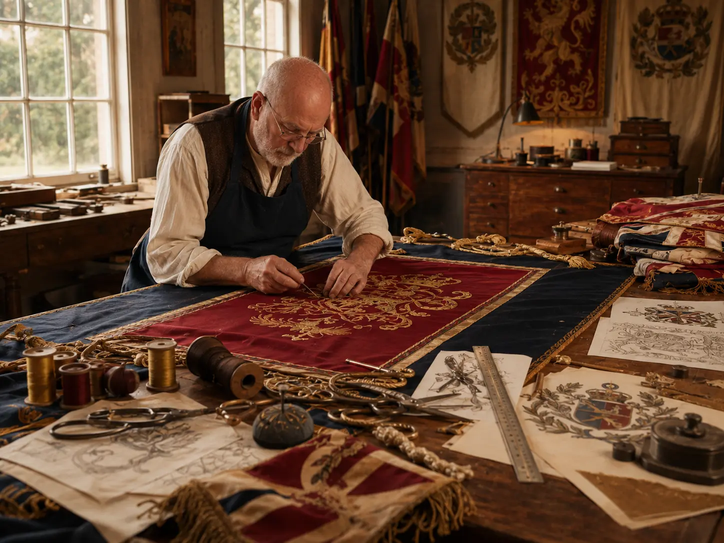 Traditional textile materials being prepared by hand in an artisan setting.