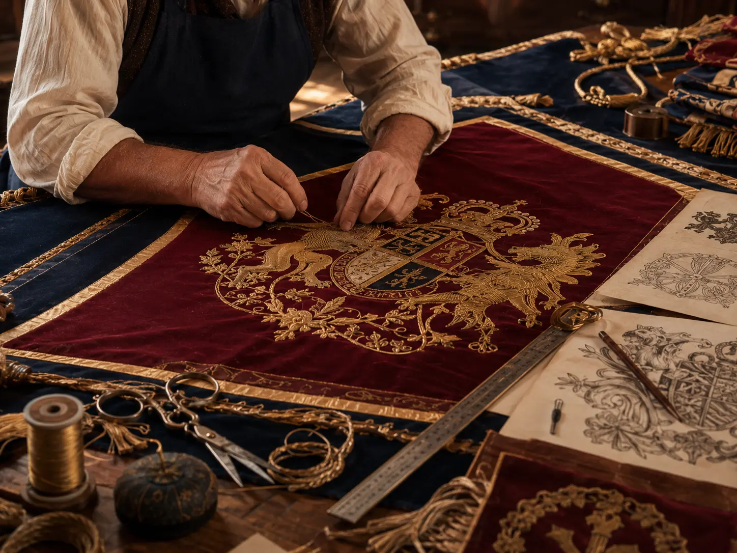 Close-up of hand-finished embroidery and gold decorative trim on a ceremonial banner.
