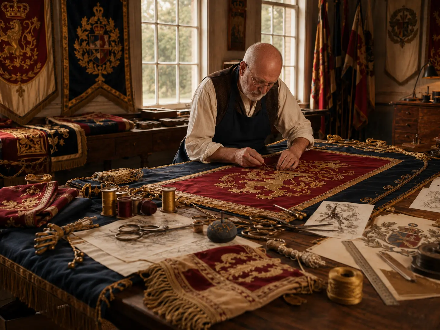 Craftsperson working on a richly detailed traditional banner in a heritage workshop.