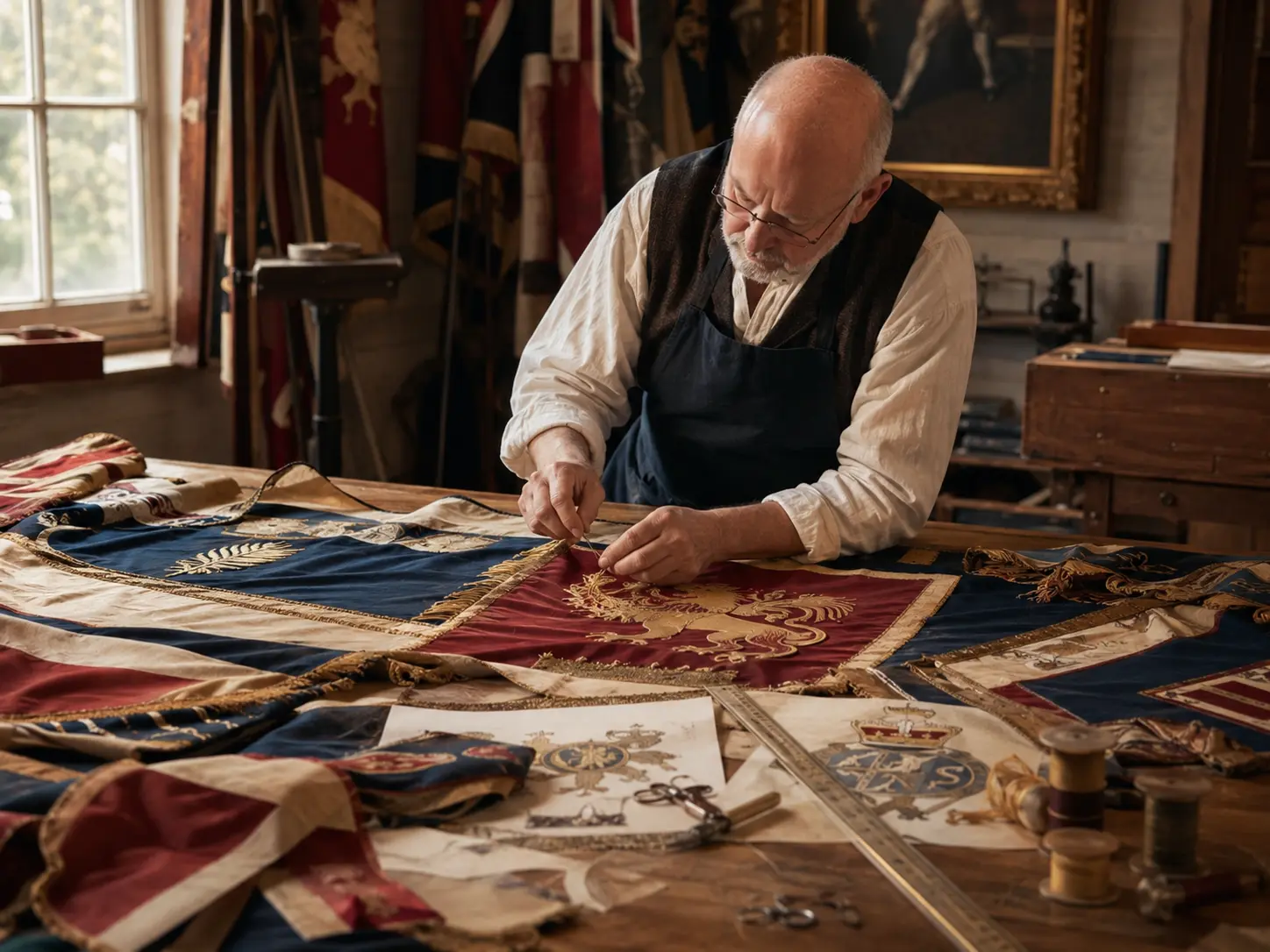 Artisan working with traditional textile techniques in a craft workshop.