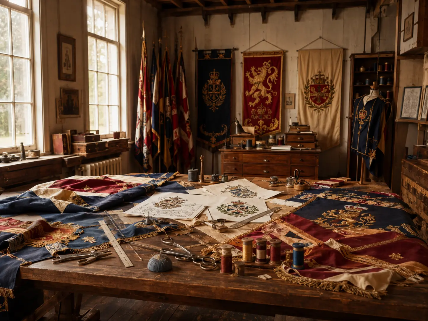 Traditional textile workstation with patterned fabrics and craft materials.
