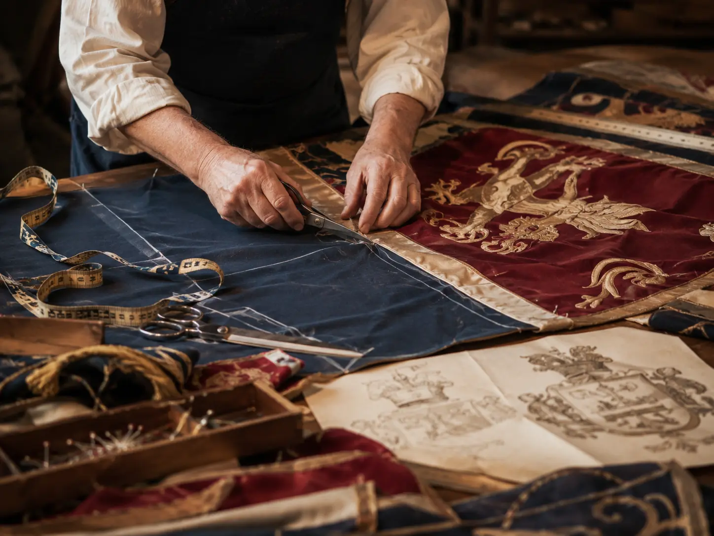 Coloured threads and textile materials arranged in a traditional craft workshop.